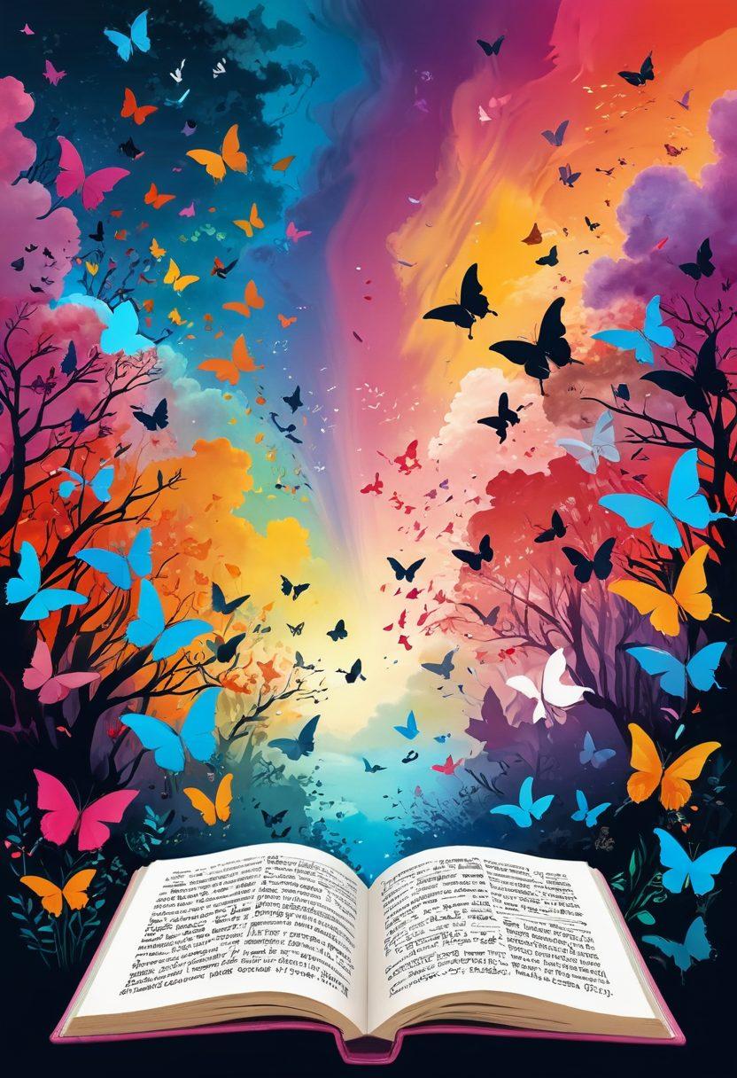 A vibrant digital landscape featuring an open journal with pages filled with colorful stories and sketches, surrounded by floating words and phrases that symbolize the power of storytelling. In the background, an ethereal silhouette of diverse voices rising into a bright sky, illustrating the connection between individuals through online journaling. Exquisite details like a pen creating a trail of ink turning into butterflies, signifying freedom of expression. super-realistic. vibrant colors. 3D.