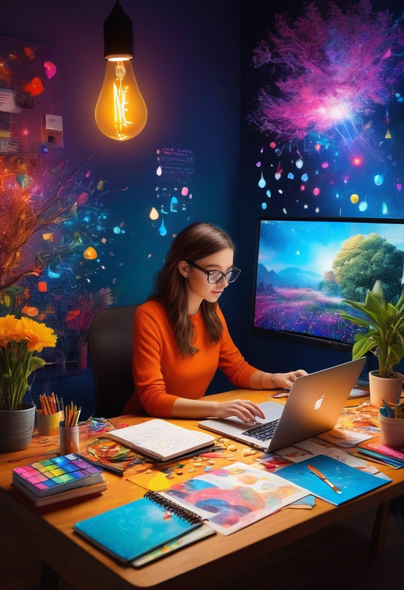 A vivid illustration of a person sitting at a desk, filled with colorful art supplies and a laptop, brainstorming ideas while surrounded by floating words and symbols representing creativity. The background should depict a whimsical landscape merging nature and technology, symbolizing the blend of traditional and digital content creation. Glowing lightbulbs and vibrant colors enhance the atmosphere of inspiration and innovation. super-realistic. vibrant colors. whimsical art style.