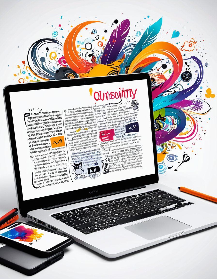 An open journal with flowing ink transforming into digital text on a computer screen, surrounded by various symbols of storytelling such as quills, a smartphone, and engaging visuals like colorful speech bubbles. The background illustrates a vibrant connection between traditional writing and modern blogging, emphasizing creativity and engagement. Bright and lively colors against a white backdrop. digital art. vibrant colors.